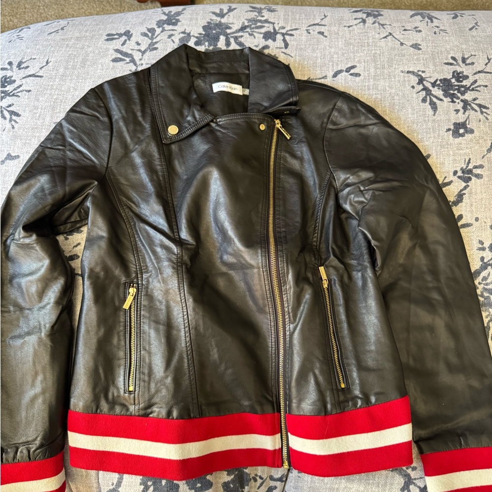 Calvin Klein Leather Jacket with Red and Cream Accents